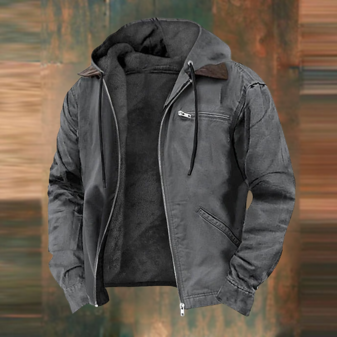 Gray fleece-lined hooded work jacket
