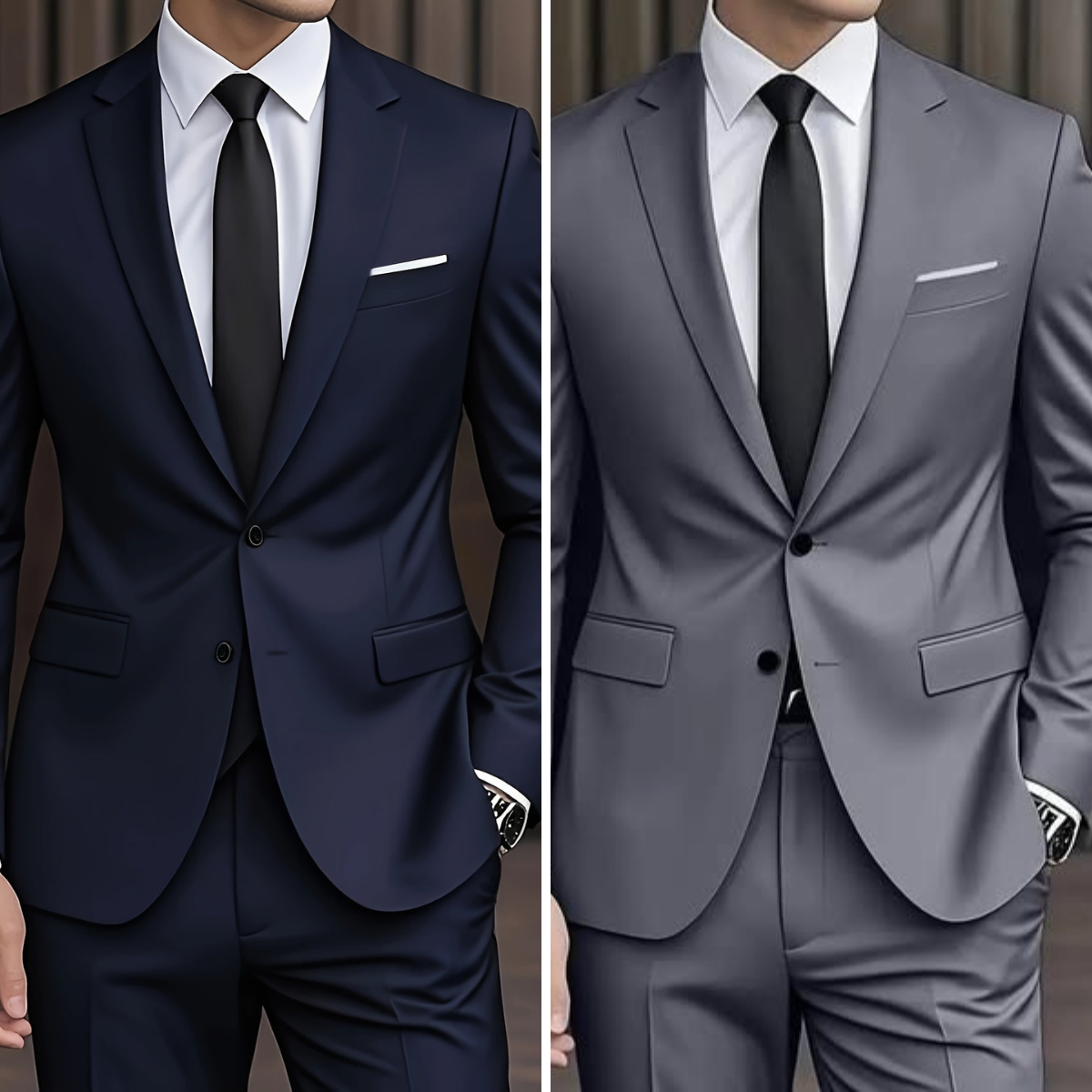 Navy blue and gray slim fit two-button suits side by side