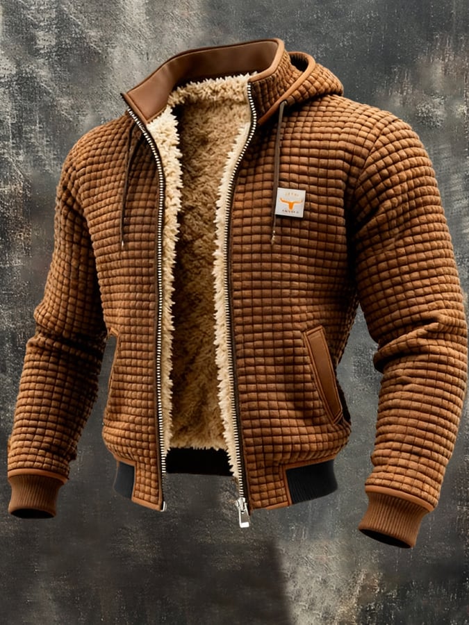 Brown sherpa-lined waffle knit hooded jacket