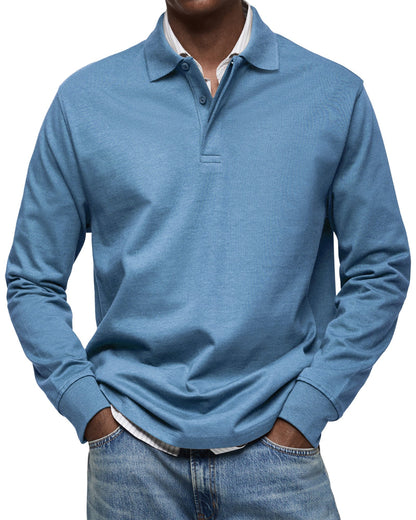 Blue heathered long-sleeve polo shirt worn with jeans