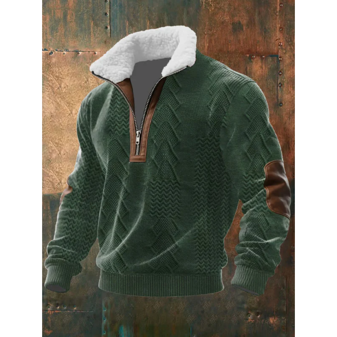 Green sherpa-collar half-zip sweater