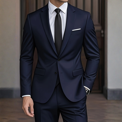 Navy blue slim fit two-button suit worn with a white shirt and black tie