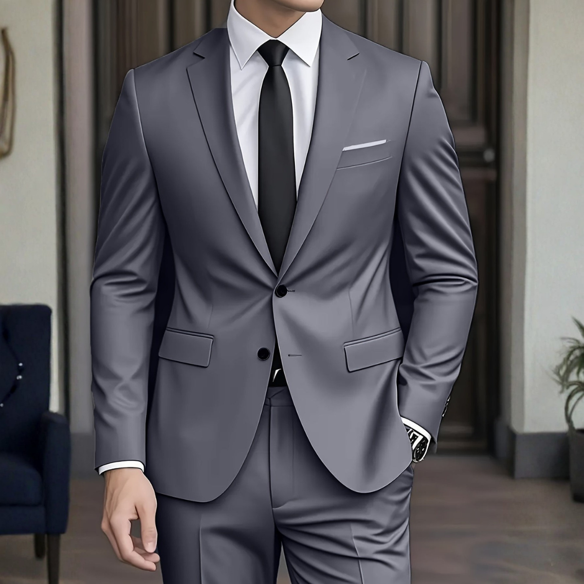 Gray slim fit two-button suit worn with a white shirt and black tie