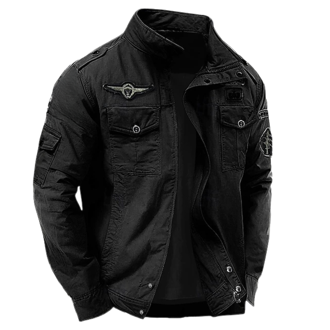 Black military jacket with stand collar, epaulets and flap chest pockets