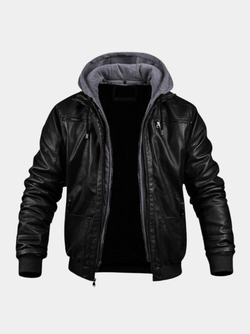 Men's black leather bomber jacket with grey hood, front view