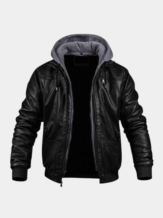 Men's black leather bomber jacket with grey hood, front view