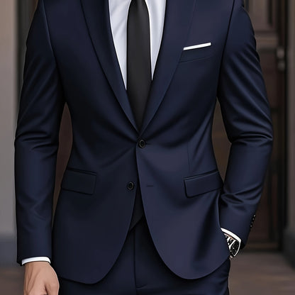 Navy blue suit jacket with chest welt pocket, close-up