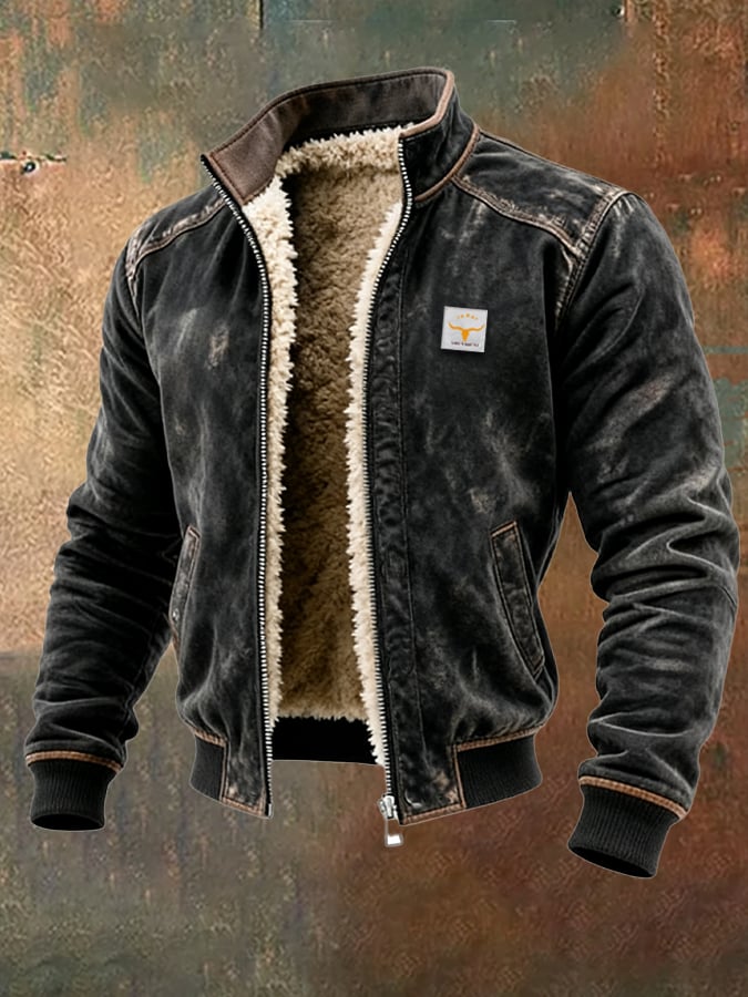 Black sherpa-lined distressed bomber jacket