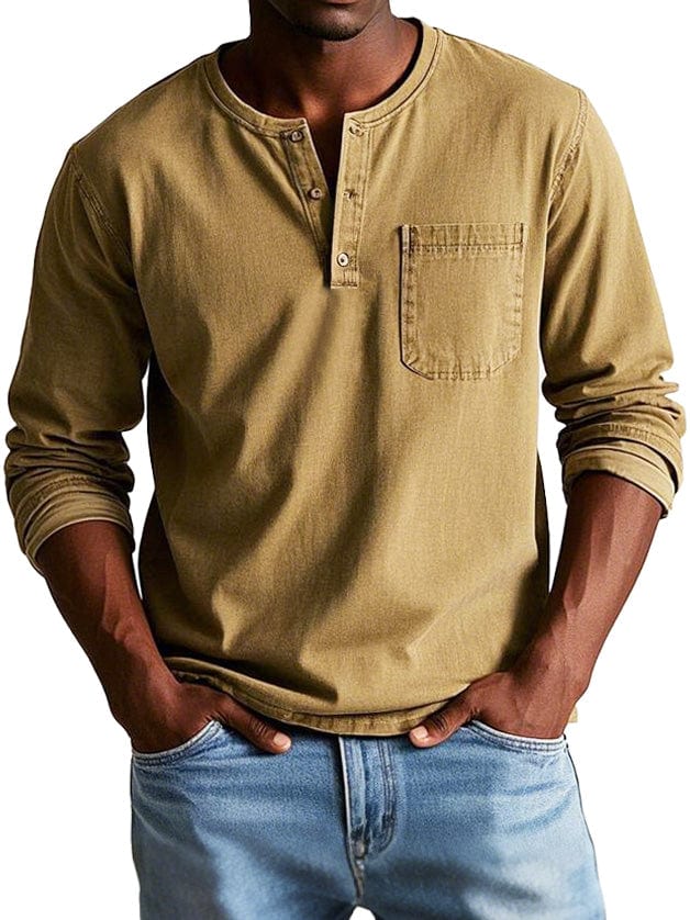 Man wearing a khaki chest pocket henley shirt