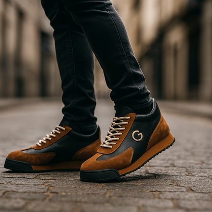 Man wearing brown two-tone retro sneakers on the street