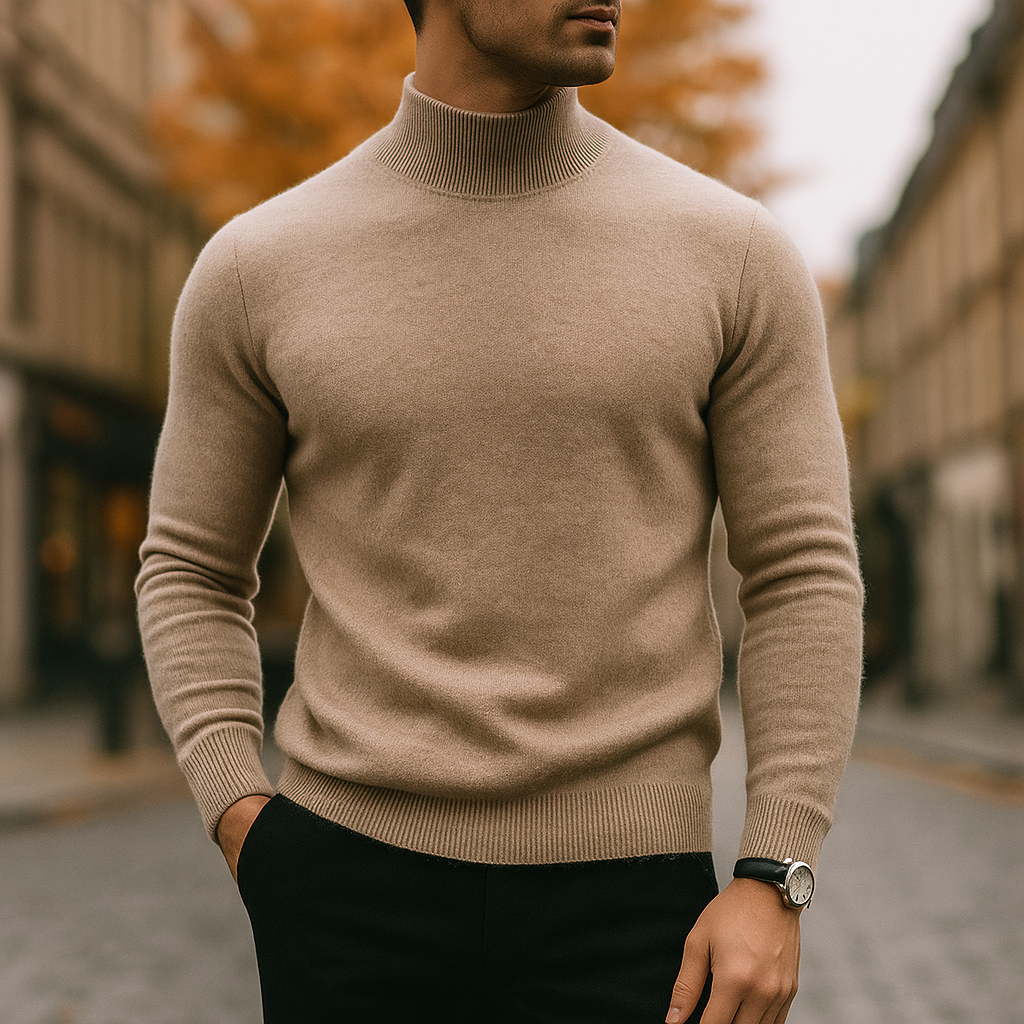 Khaki mock neck knit sweater worn with dark trousers