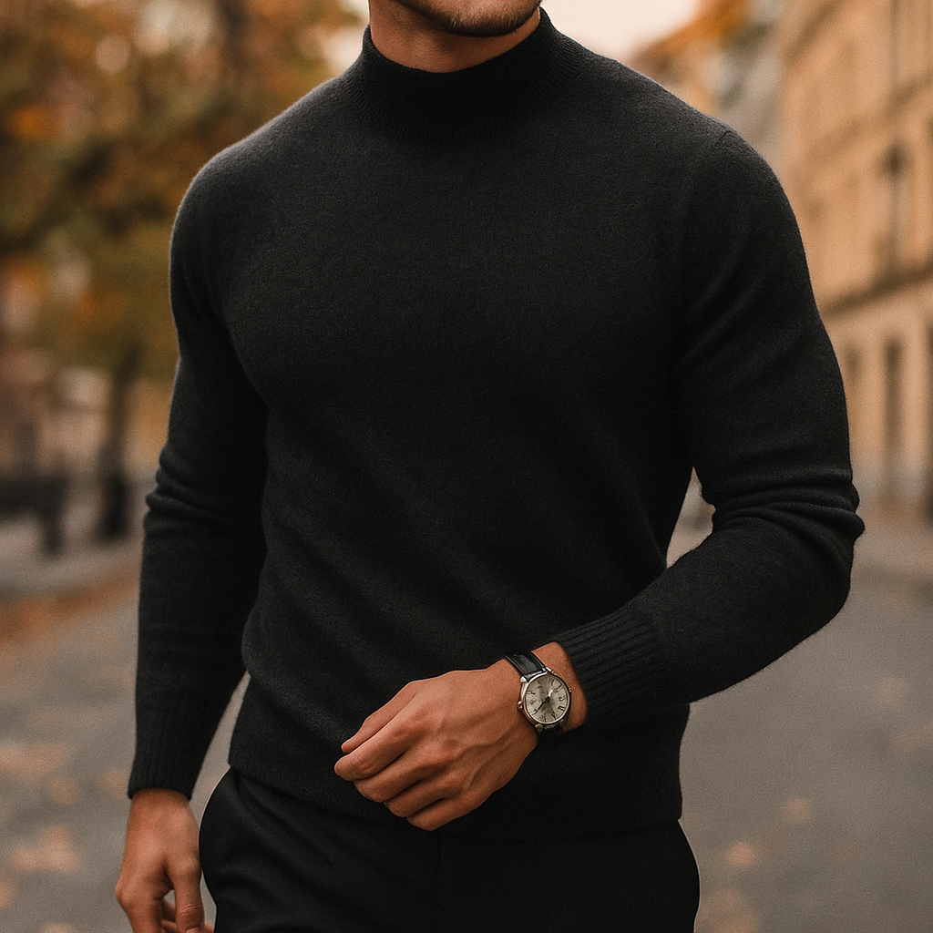 Black mock neck knit sweater worn with dark trousers