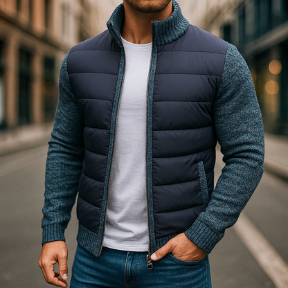 Navy quilted jacket with knit sleeves and full-length zip