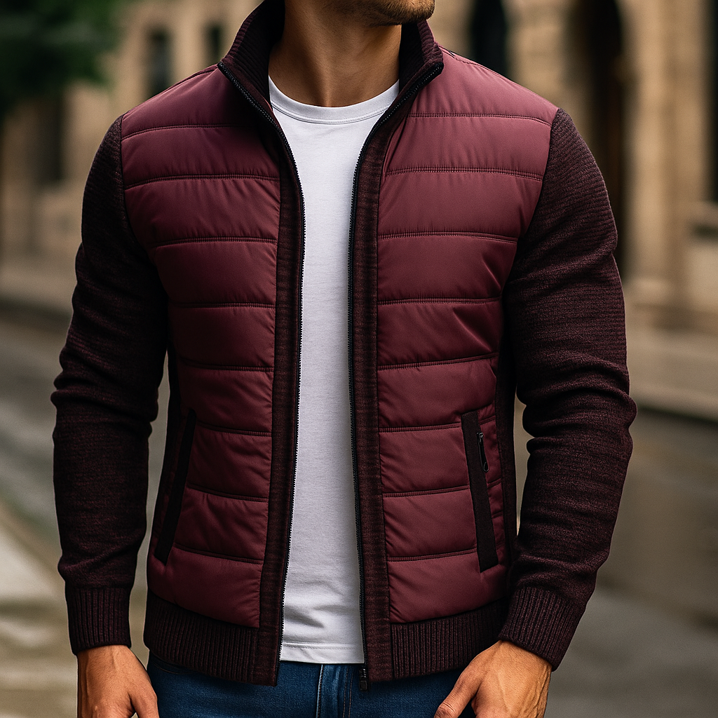 Burgundy quilted jacket with knit sleeves and side pockets