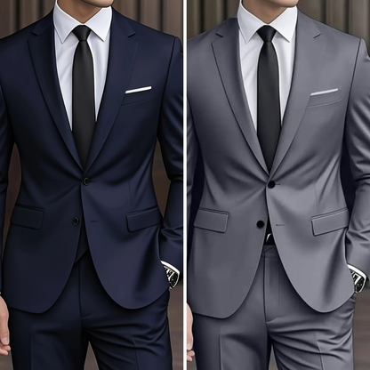 Navy blue and gray slim fit two-button suits side by side