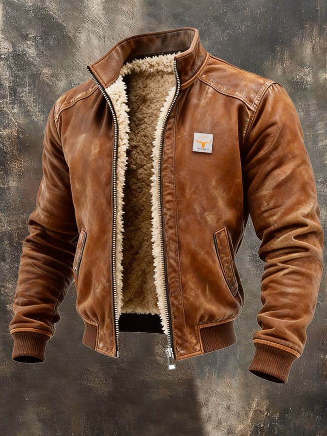 Brown sherpa-lined distressed bomber jacket