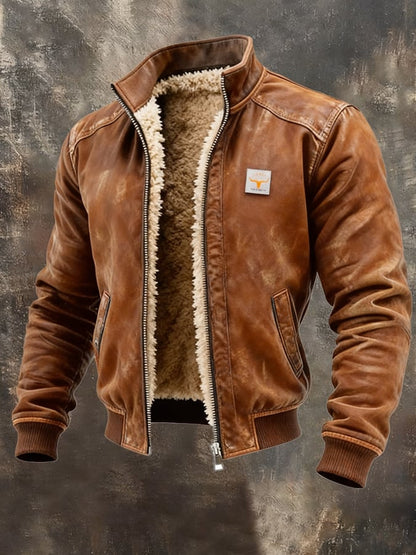 Brown sherpa-lined distressed bomber jacket