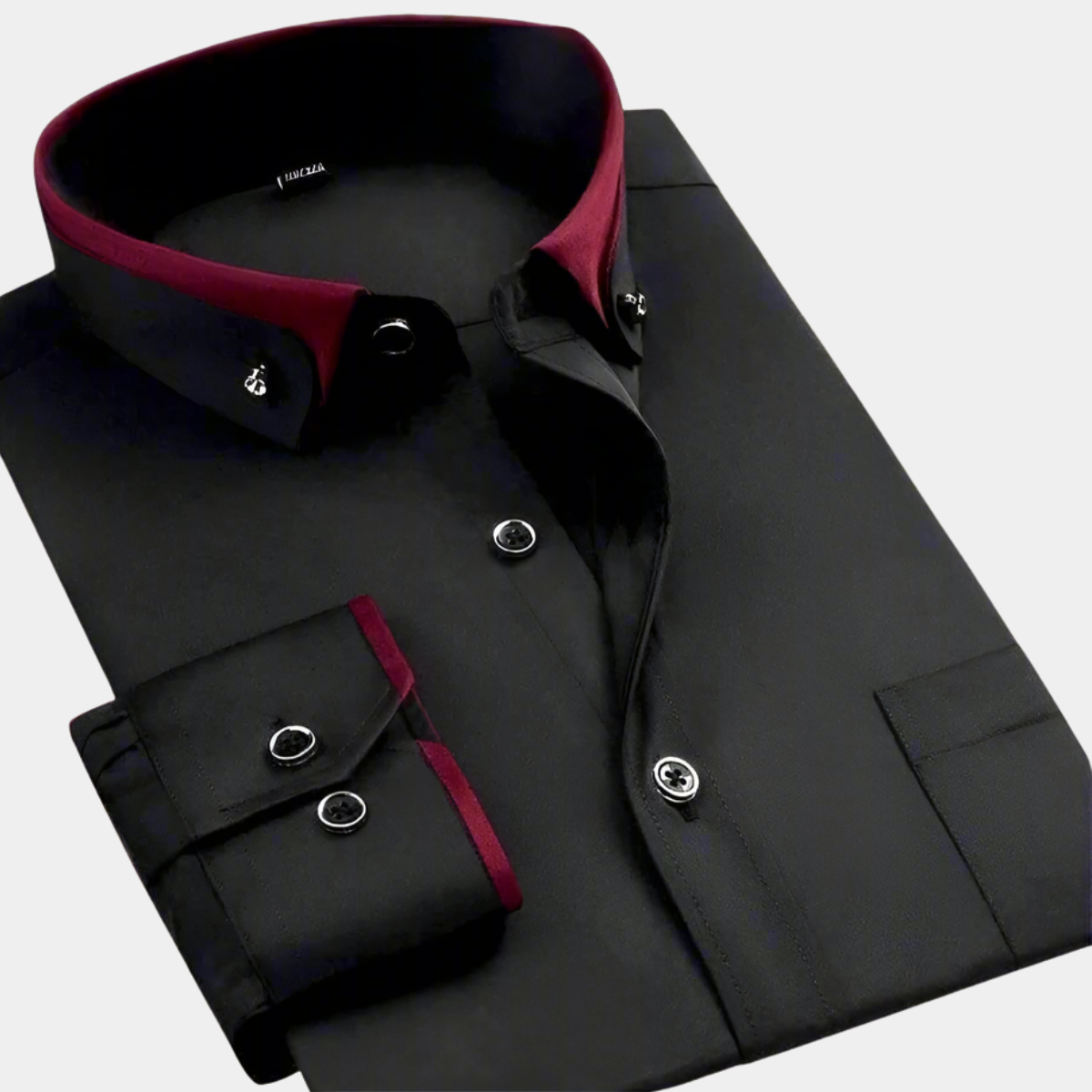 Black contrast-collar button-down shirt with red trim, folded
