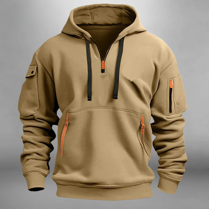 Khaki half-zip utility hoodie
