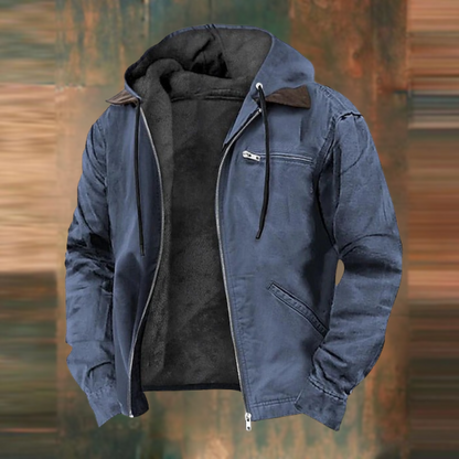 Blue fleece-lined hooded work jacket