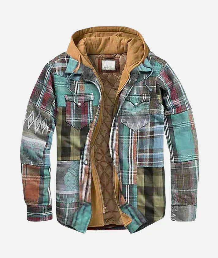 Mint green patchwork quilt-lined hooded plaid shirt jacket