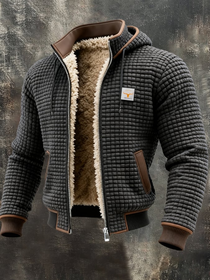 Gray sherpa-lined waffle knit hooded jacket