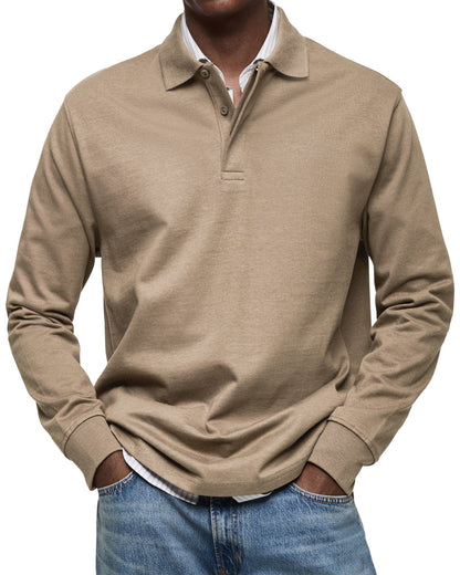 Khaki heathered long-sleeve polo shirt worn with jeans