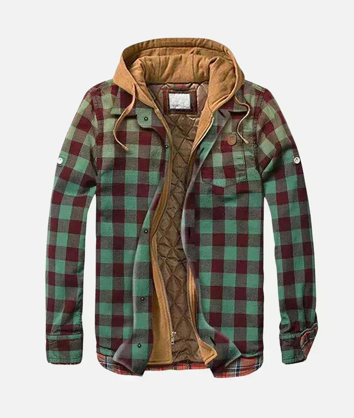 Red and green quilt-lined hooded plaid shirt jacket