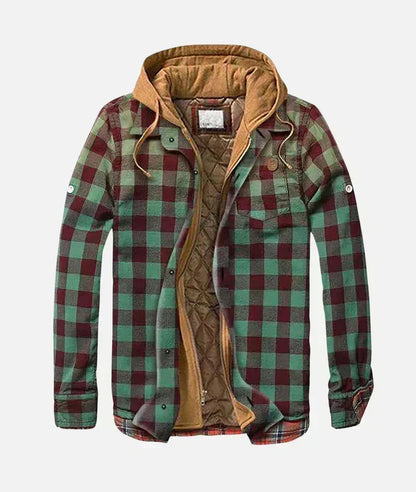 Red and green quilt-lined hooded plaid shirt jacket
