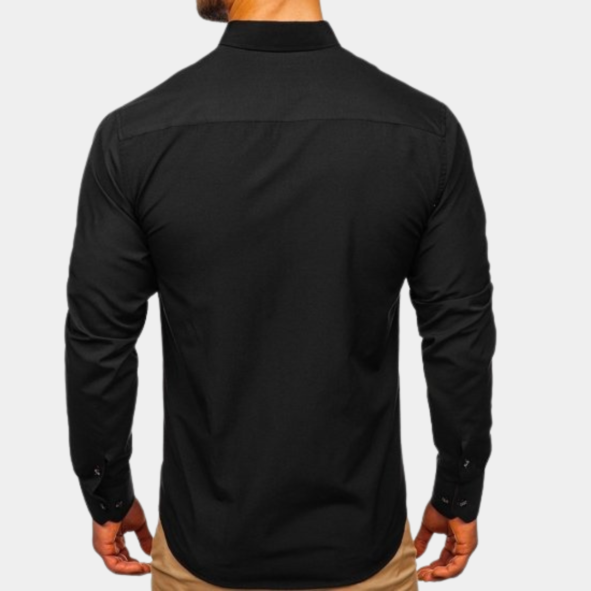 Back of a man wearing a black contrast trim shirt