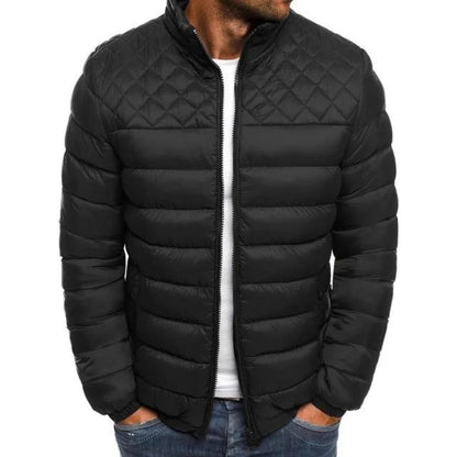 Man wearing a black quilted-yoke puffer jacket