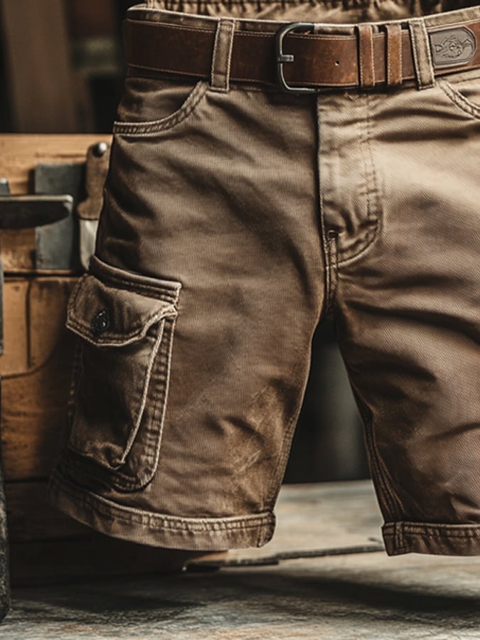 Khaki utility cargo shorts up close