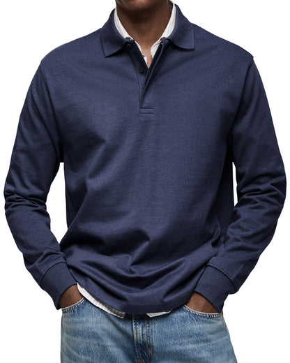 Navy blue heathered long-sleeve polo shirt worn with jeans