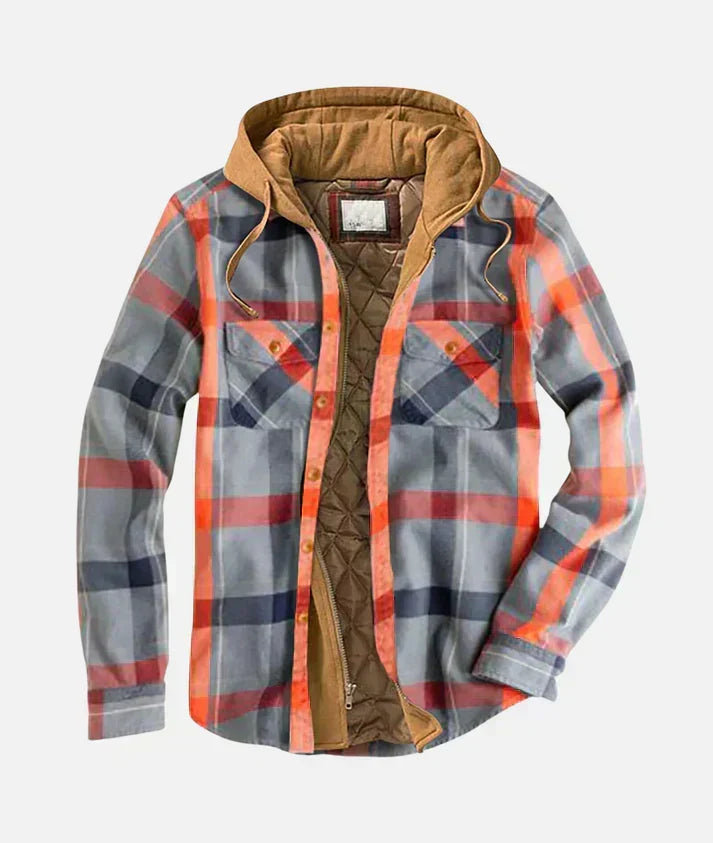Gray and orange quilt-lined hooded plaid shirt jacket