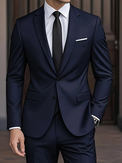 Navy blue two-button suit with notch lapels and flap pockets