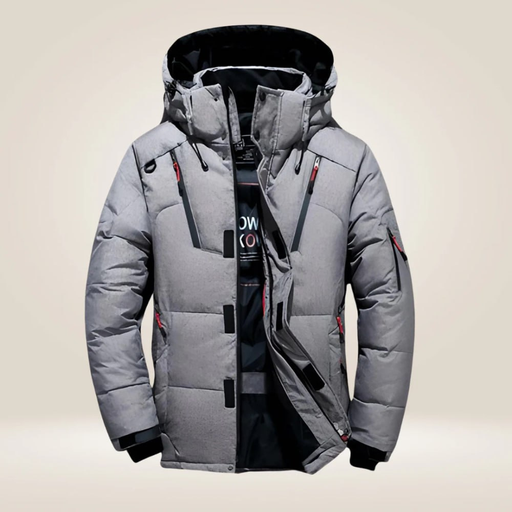 Gray hooded multi-pocket puffer jacket