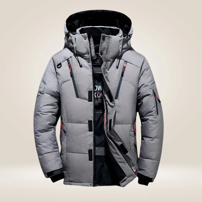 Gray hooded multi-pocket puffer jacket