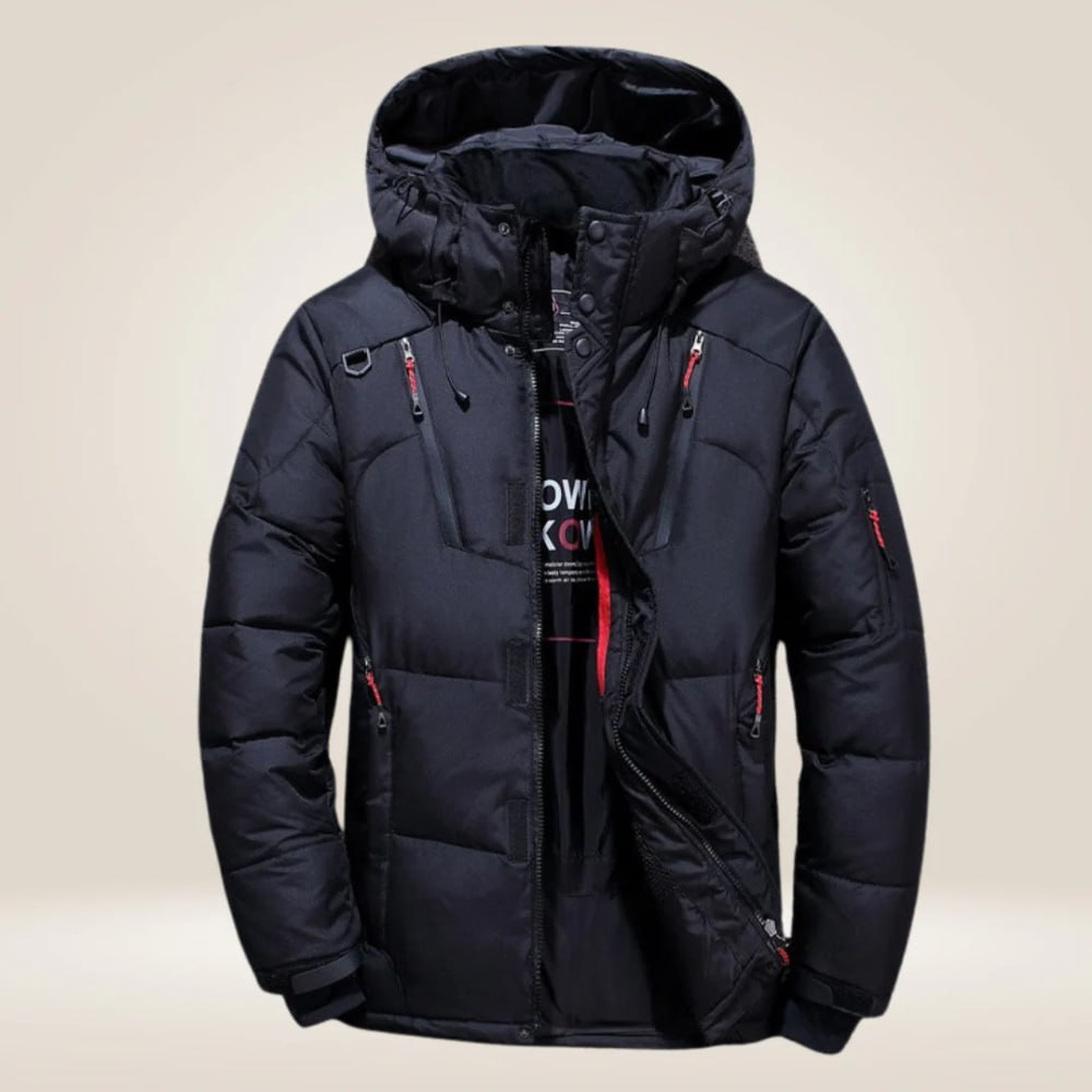 Black hooded multi-pocket puffer jacket
