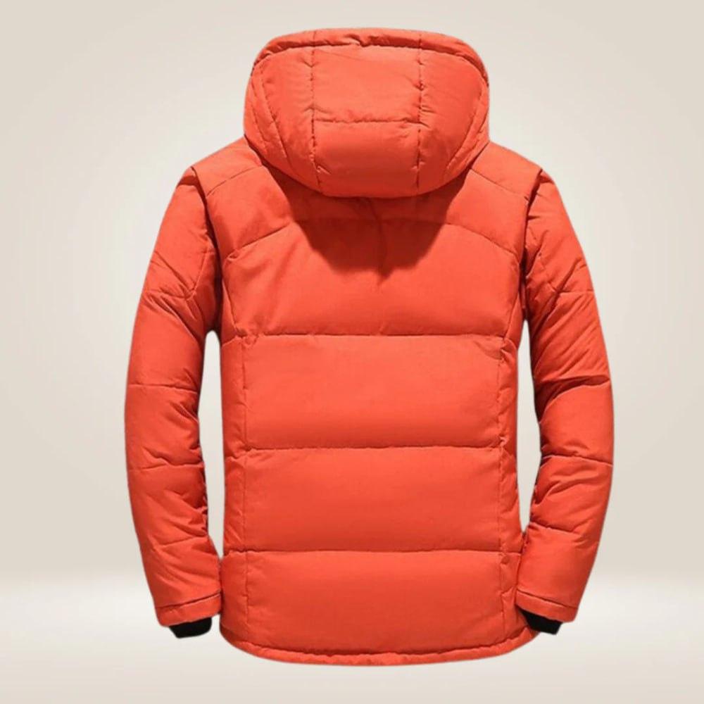 Orange hooded puffer jacket seen from the back