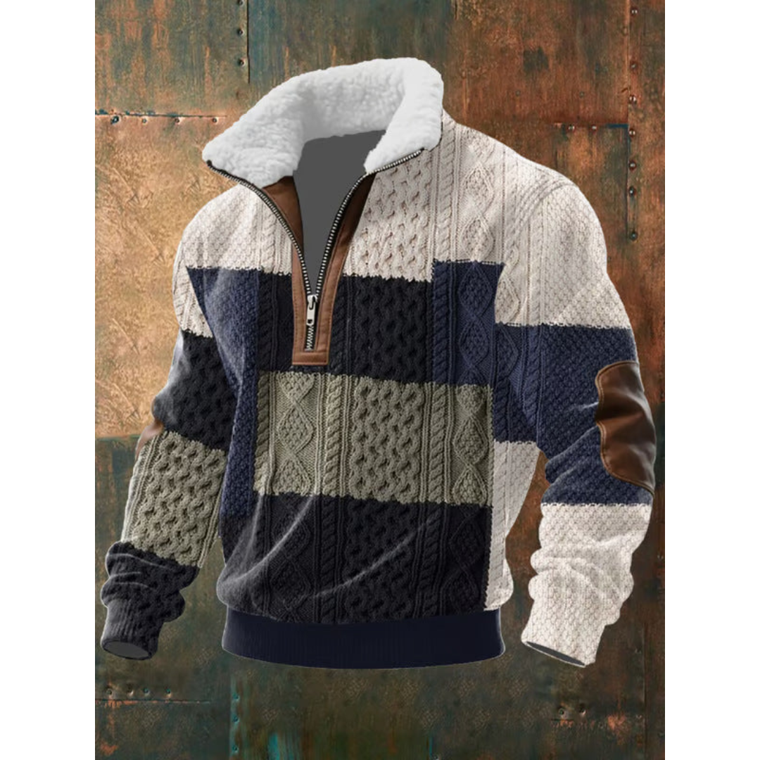 Black and blue patchwork sherpa-collar half-zip sweater