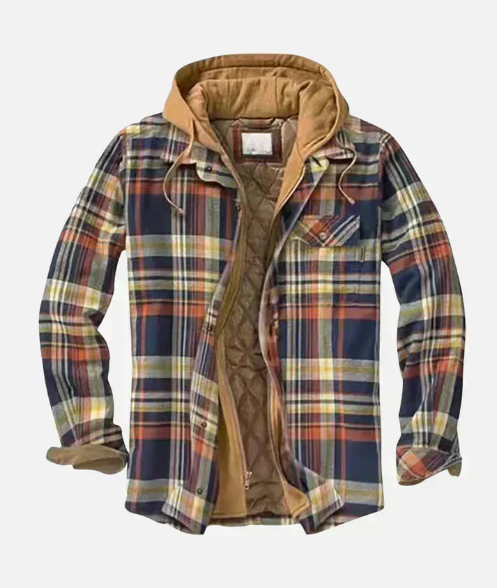 Navy and orange quilt-lined hooded plaid shirt jacket