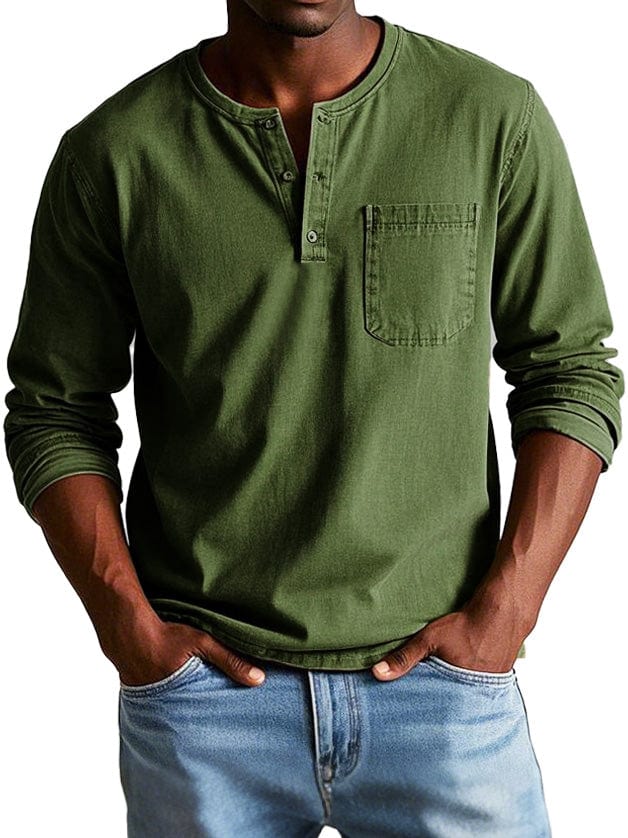Man wearing an olive chest pocket henley shirt