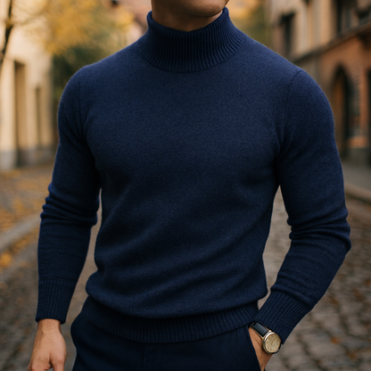 Navy Blue mock neck knit sweater worn with dark trousers