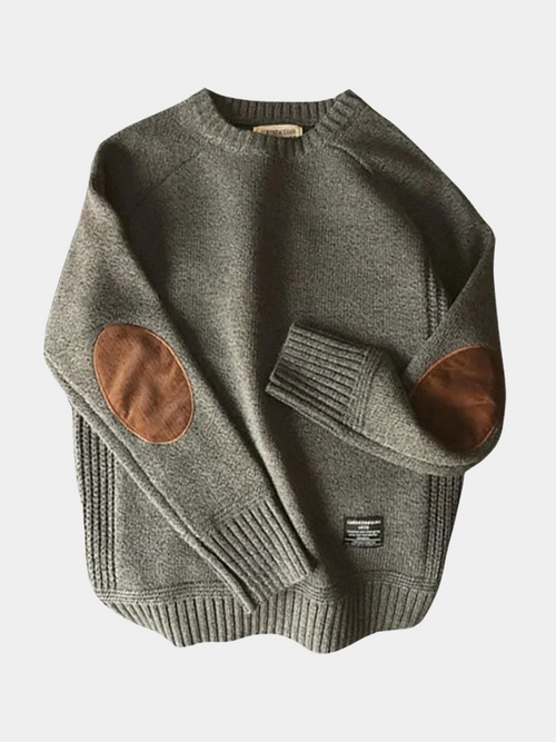 Gray elbow-patch crew neck sweater front