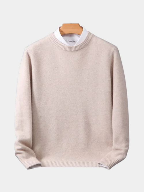 Off-white fine-knit crew neck sweater on a white background