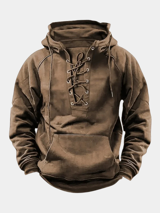 Khaki lace-up neck pullover hoodie on a white background