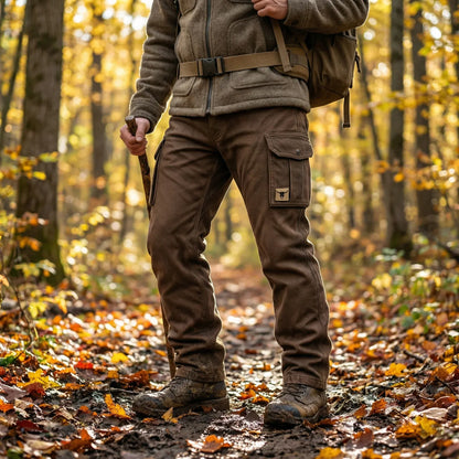 Man wearing brown utility cargo pants in the woods