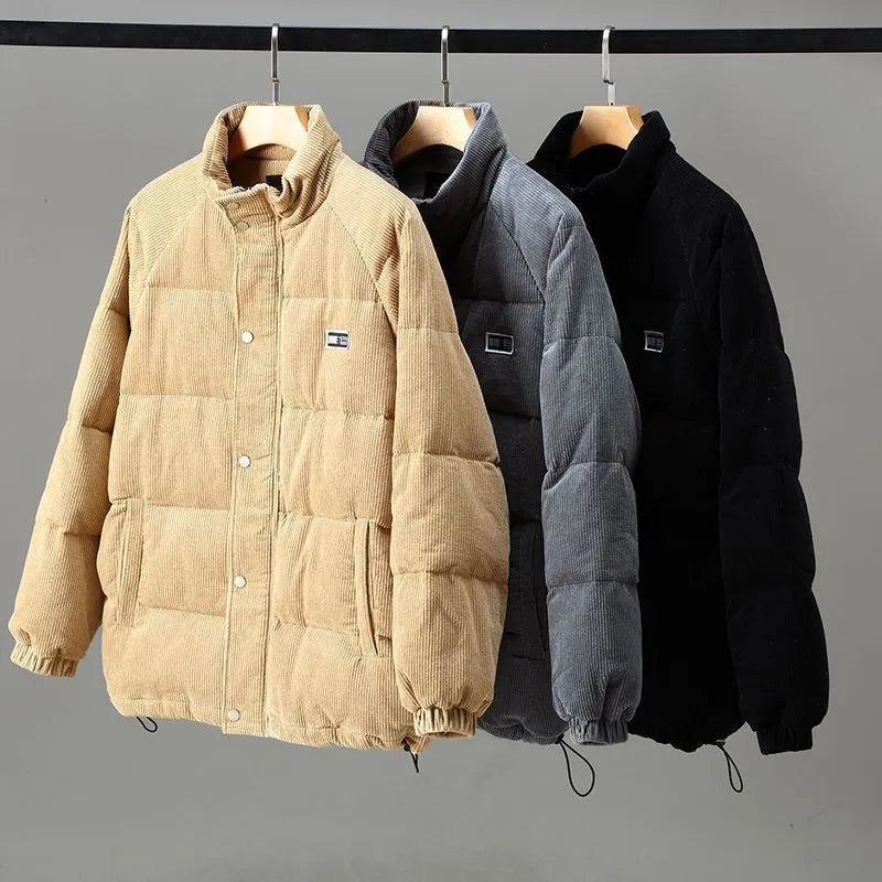 Men's corduroy puffer jacket in khaki, gray and black