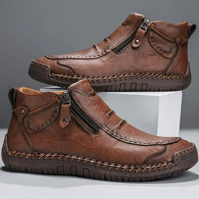 Brown side-zip moc-toe ankle boots