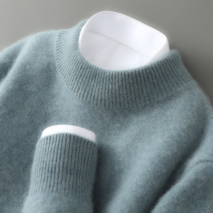 Green brushed knit crew neck sweater with ribbed neckline and cuff